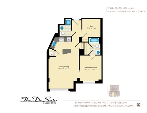 Floor plan for 2 beds, 2 baths, 856 sqft